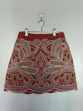 Anthropologie Orange A-Line Embroidered Mini Skirt